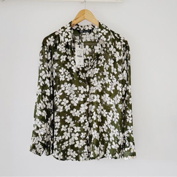 Zara Tops - Floral Semi-Sheer Green Blouse New With Tag from Zara